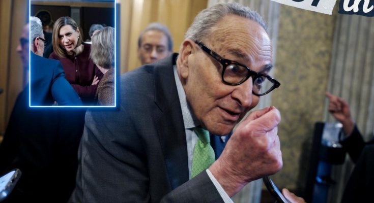 Chuck Schumer speaking at press event with Nancy Mace inset