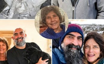 Collage of family photographs including a black and white image of a baby being held, a