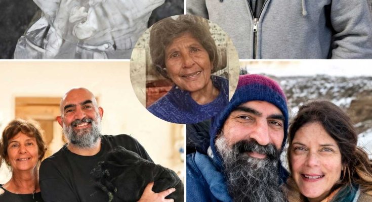 Collage of family photographs including a black and white image of a baby being held, a