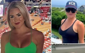 Karoline Leavitt walking on beach at sunset