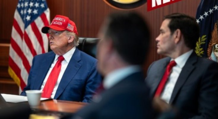 Marco Rubio speaking to reporters on Iran