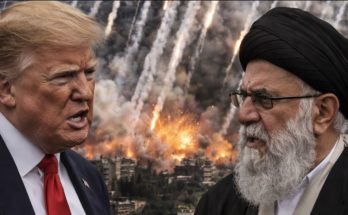 Rescue teams searching rubble after rocket attack explosion with damaged buildings and fires in urban area