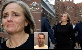 Woman crying outside courthouse with legal team