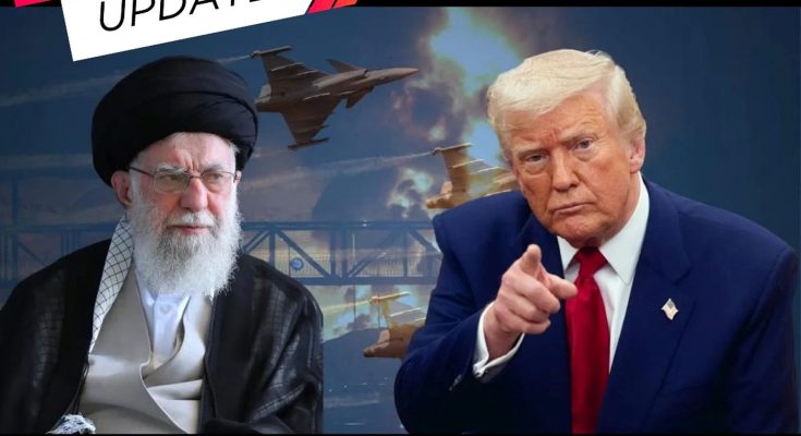 Trump and Khamenei with military aircraft and explosions