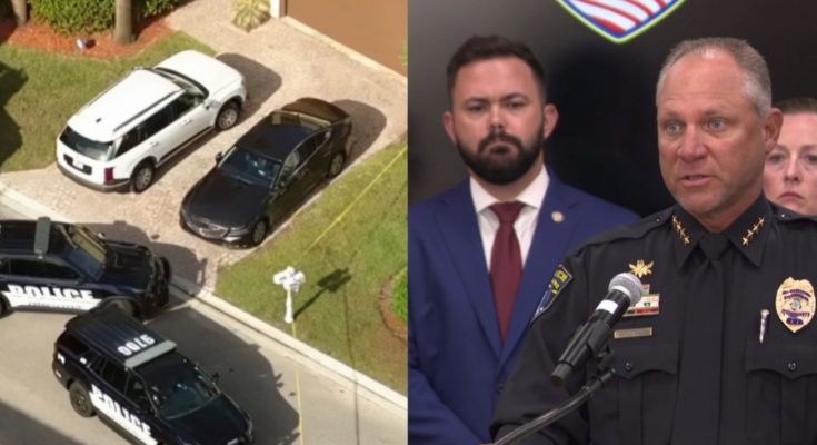 Police chief at press conference beside crime scene