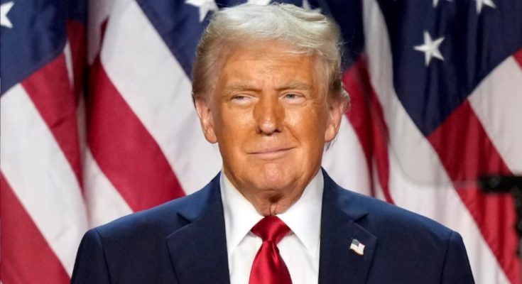 Donald Trump in front of American flags