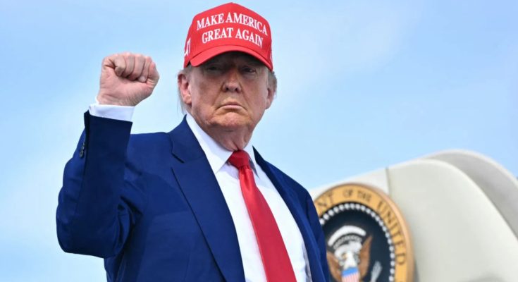 Trump raises fist in MAGA hat
