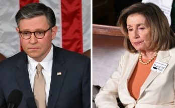 Mike Johnson and Nancy Pelosi split image