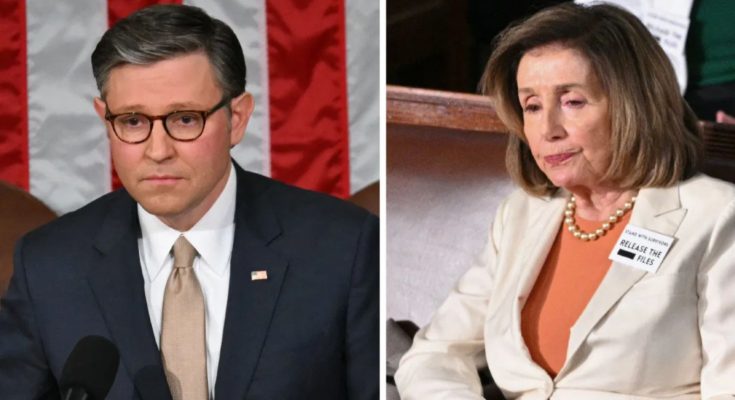 Mike Johnson and Nancy Pelosi split image