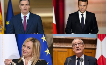 Four political leaders in a grid: Pedro Sánchez at a podium with Spanish and EU flags