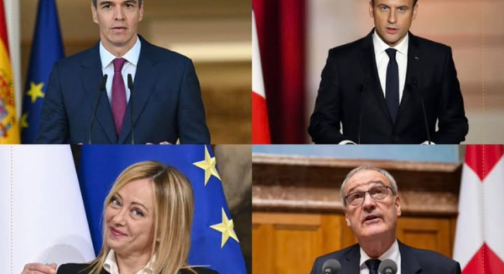 Four political leaders in a grid: Pedro Sánchez at a podium with Spanish and EU flags