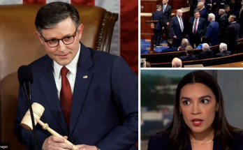 house Speaker Mike Johnson holding gavel in chamber, with colleagues standing and
