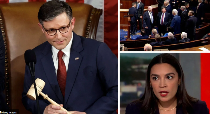 house Speaker Mike Johnson holding gavel in chamber, with colleagues standing and