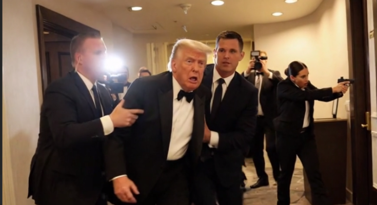 trump in tuxedo being escorted by security personnel amid chaos