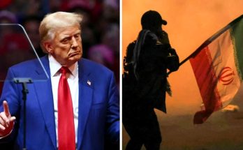 Donald Trump and Iranian flag bearer split image