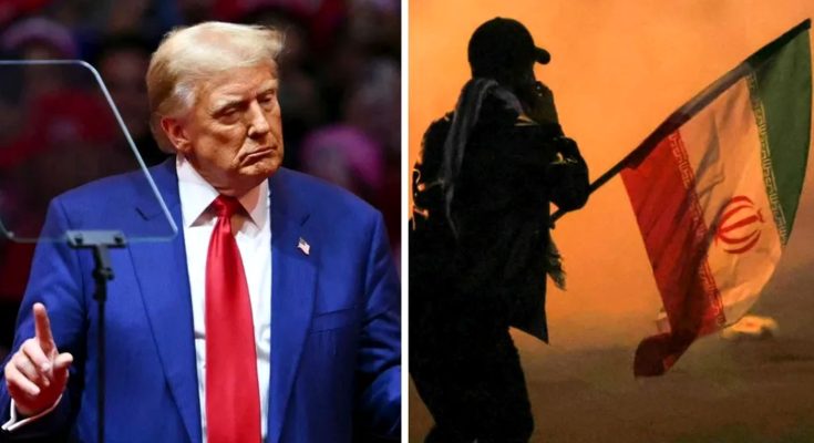 Donald Trump and Iranian flag bearer split image