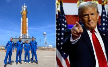 Astronauts with rocket and Donald Trump pointing