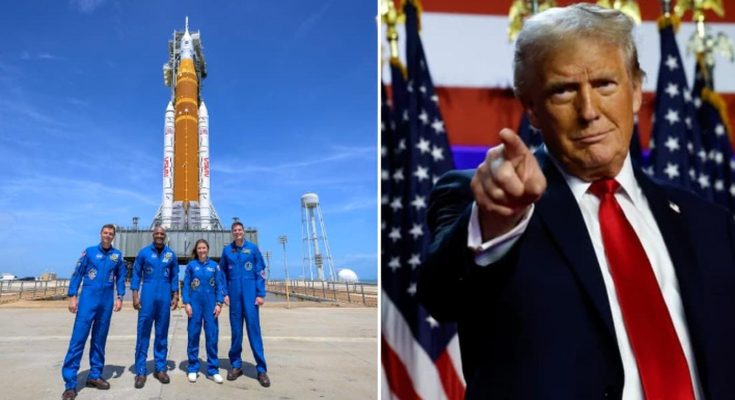 Astronauts with rocket and Donald Trump pointing