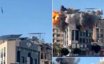 Split-screen showing a missile descending toward a building on the left, and the same