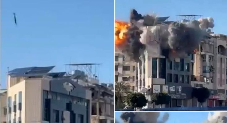 Split-screen showing a missile descending toward a building on the left, and the same