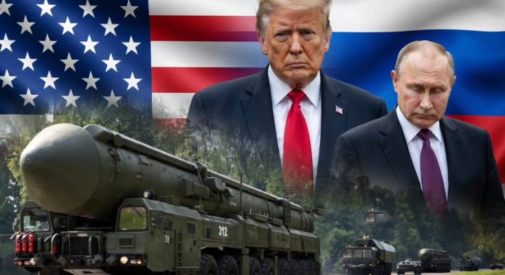 vladimir Putin and Donald Trump stand beside a Russian missile launcher with U.S. and