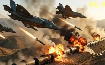 israeli fighter jets fire missiles at a burning oil pipeline in a desert battlefield