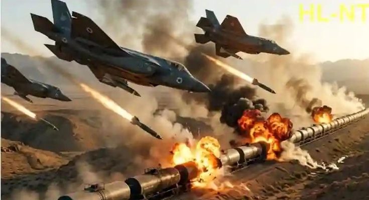 israeli fighter jets fire missiles at a burning oil pipeline in a desert battlefield