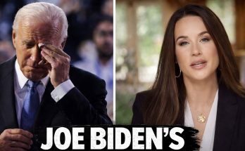joe Biden wiping his eye beside a woman in a split-screen image with bold text reading