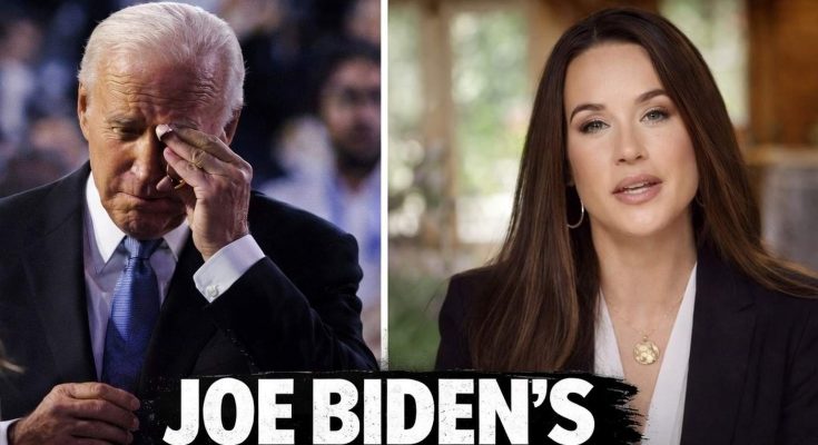 joe Biden wiping his eye beside a woman in a split-screen image with bold text reading