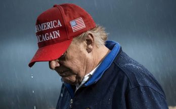 Donald Trump in rain MAGA hat