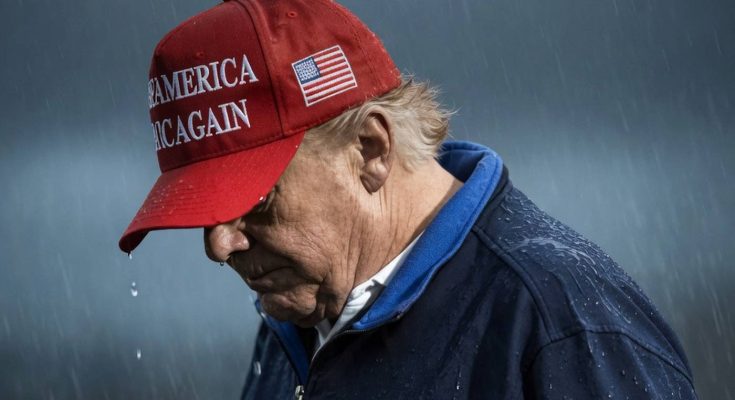 Donald Trump in rain MAGA hat