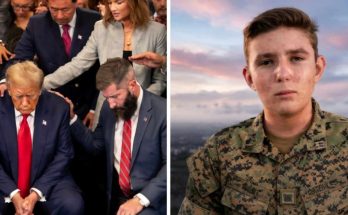 donald Trump and a bearded man in suits bowing with hands on shoulders, beside a young