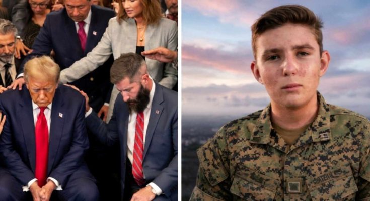 donald Trump and a bearded man in suits bowing with hands on shoulders, beside a young