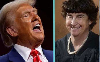 donald Trump laughing in blue suit with red tie beside smiling Justice Sonia Sotomayor in