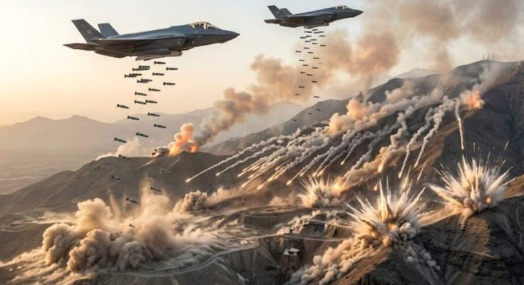 F-35 jets bombing mountain targets