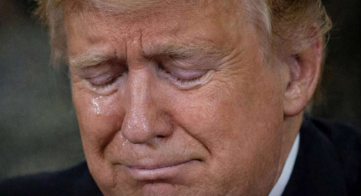 close-up portrait of Donald Trump with eyes closed and visible tear on cheek during