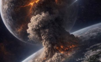 massive asteroid impact on Earth with fiery explosion and smoke