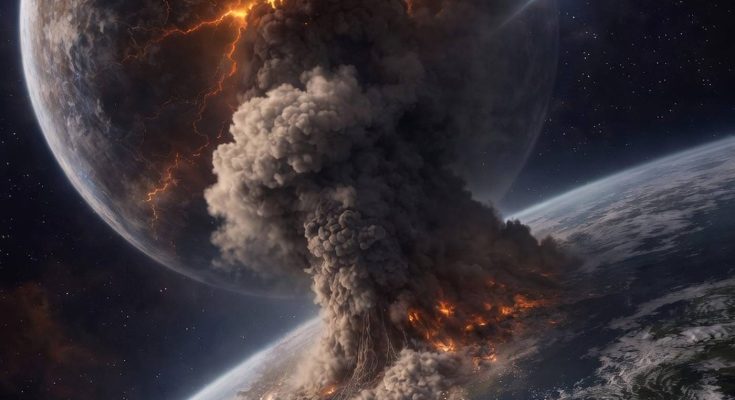 massive asteroid impact on Earth with fiery explosion and smoke