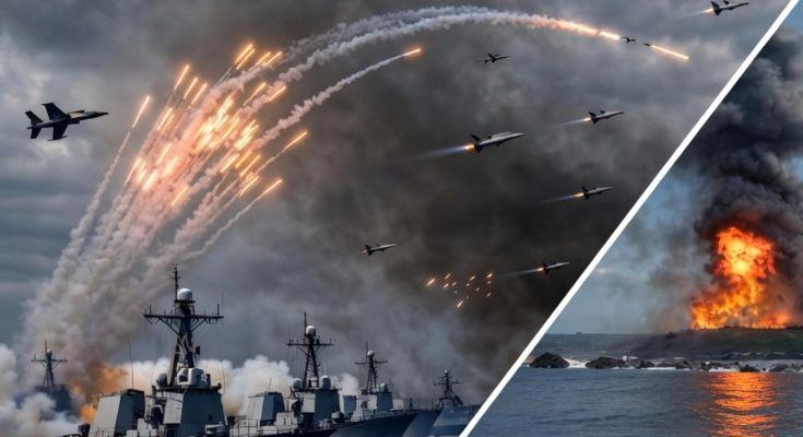 Fighter jets attacking naval fleet
