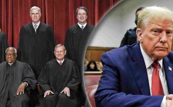 supreme Court justices in black robes seated and standing before red curtains, juxtaposed