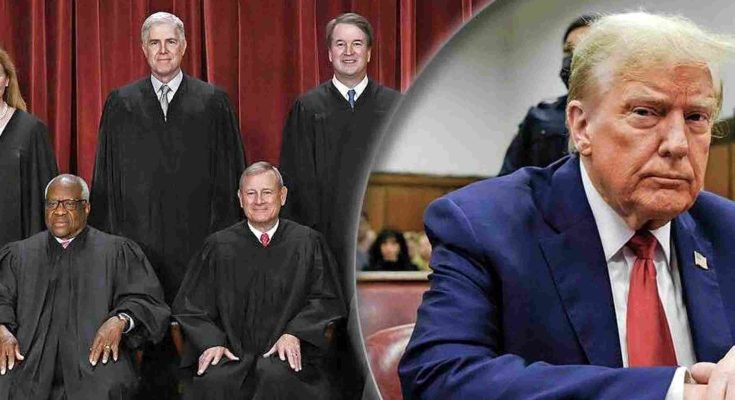 supreme Court justices in black robes seated and standing before red curtains, juxtaposed