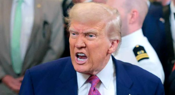 former President Donald Trump shouting during a public event with military personnel in