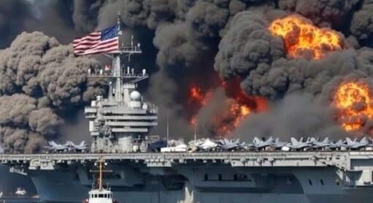 u.S. aircraft carrier with American flag burns intensely as massive black smoke plumes