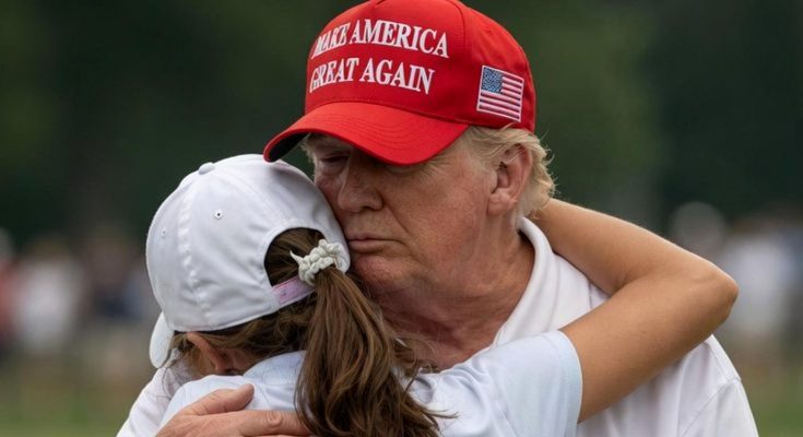man in red hat embraces young girl outdoors, expressing warmth