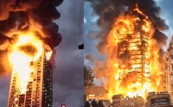 Burning buildings massive fire destruction