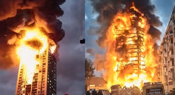 Burning buildings massive fire destruction