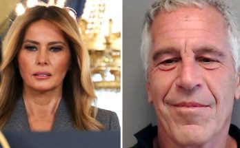 split image shows Melania Trump in formal setting beside Jeffrey Epstein mugshot with