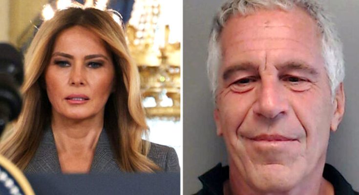 split image shows Melania Trump in formal setting beside Jeffrey Epstein mugshot with