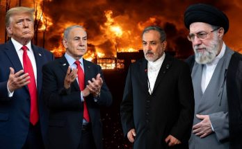 four world leaders stand before a fiery background, including Donald Trump, Benjamin