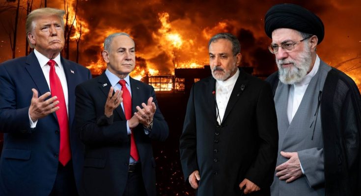 four world leaders stand before a fiery background, including Donald Trump, Benjamin